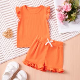 2 Piece Summer Suit for Preschool Girls Solid Color Casual Short Sleeve Shorts for Girls Comfortable and Soft Clothes