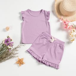2 Piece Summer Suit for Preschool Girls Solid Color Casual Short Sleeve Shorts for Girls Comfortable and Soft Clothes