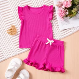 2 Piece Summer Suit for Preschool Girls Solid Color Casual Short Sleeve Shorts for Girls Comfortable and Soft Clothes