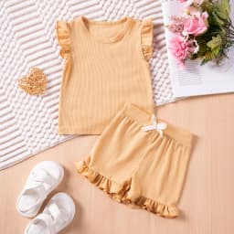 2 Piece Summer Suit for Preschool Girls Solid Color Casual Short Sleeve Shorts for Girls Comfortable and Soft Clothes