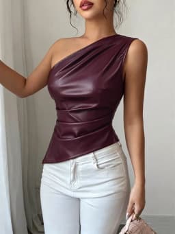 Women One Shoulder Faux Leather Tank Top Ruched Waist Slim Fit Asymmetric Hem Sleeveless Club Party Crop Top