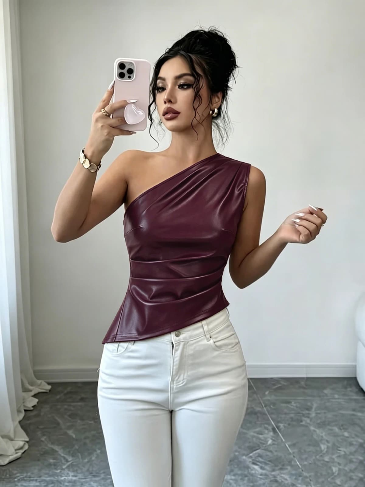 Women One Shoulder Faux Leather Tank Top Ruched Waist Slim Fit Asymmetric Hem Sleeveless Club Party Crop Top