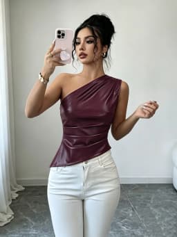 Women One Shoulder Faux Leather Tank Top Ruched Waist Slim Fit Asymmetric Hem Sleeveless Club Party Crop Top