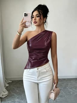 Women One Shoulder Faux Leather Tank Top Ruched Waist Slim Fit Asymmetric Hem Sleeveless Club Party Crop Top