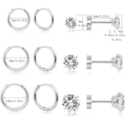 12pcs 20G Hypoallergenic Stainless Steel Flatback Stud Earrings Set for Women Men, Sparkling Cubic Zerconia Screw Back Earrings