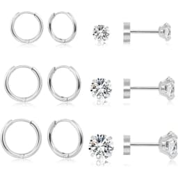 12pcs 20G Hypoallergenic Stainless Steel Flatback Stud Earrings Set for Women Men, Sparkling Cubic Zerconia Screw Back Earrings