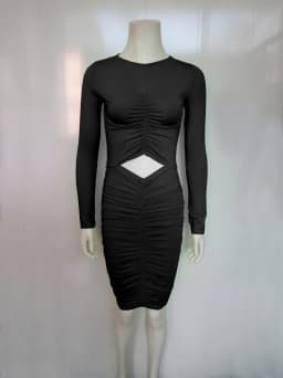 Sexy Waist Cut Out Hollow Out Folds Slim Bodycon Dress Women Long Sleeved Solid Color Skinny Evening Dress Club Party Vestidos
