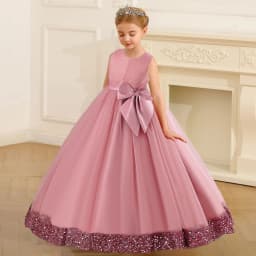 Fluffy Sequin Bridemaid Princess Girls Dress Elegant Bow Pink Wedding Prom Evening Kids Party Dresses for Girl Birthday Costumes