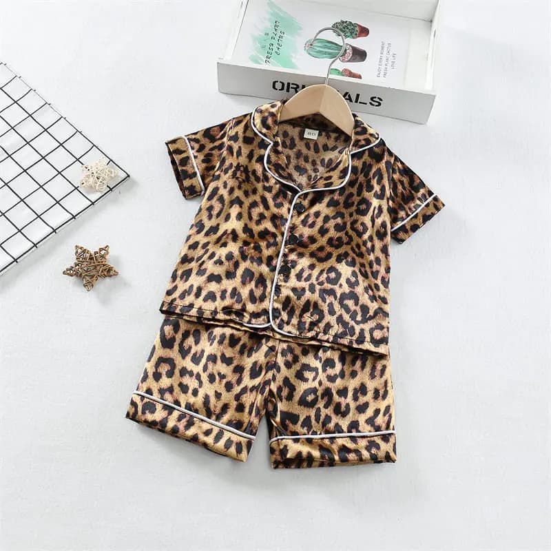 Boys Girls Kids Pajama Sets Cartoon Leopard print Short Sleeve T-Shirt Tops Pants Toddler Baby Sleeping Cloth Pijamas Sleepwear
