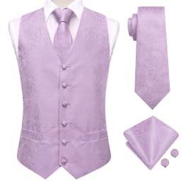Hi-Tie Solid Voilet Lilac Mens Suit Vest 4PC Woven Waistcoat Tie Pocket Square Cufflink Business Wedding Dress Waist Jacket