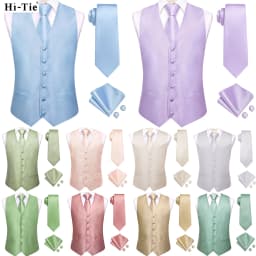 Hi-Tie Solid Voilet Lilac Mens Suit Vest 4PC Woven Waistcoat Tie Pocket Square Cufflink Business Wedding Dress Waist Jacket