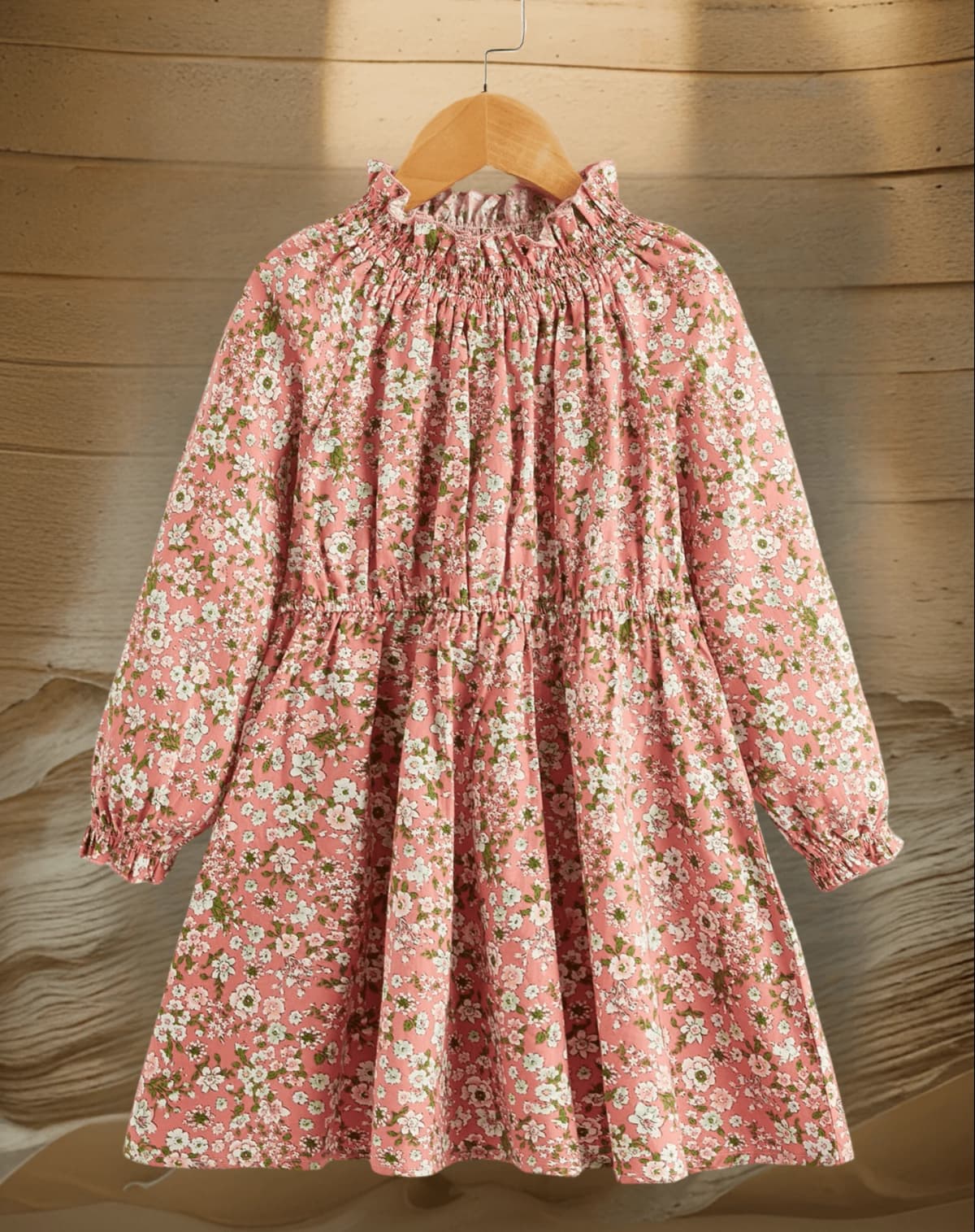 Spring and autumn foreign style girl elastic ear edge in the collar small flower sweet little shu fresh long-sleeved dress