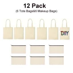 12Pcs Sublimation Blanks Tote and Zipper Bags Set – 6 Reusable Grocery Tote Bags and 6 Makeup Pouches for DIY Heat Transfer Craf