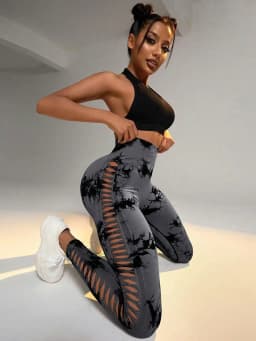 Women Hollow Out Tie Dye Legging Seamless Knit Pants High Elastic Hip Liftting Yoga Tights Gym Running Sexy Slim Leggings