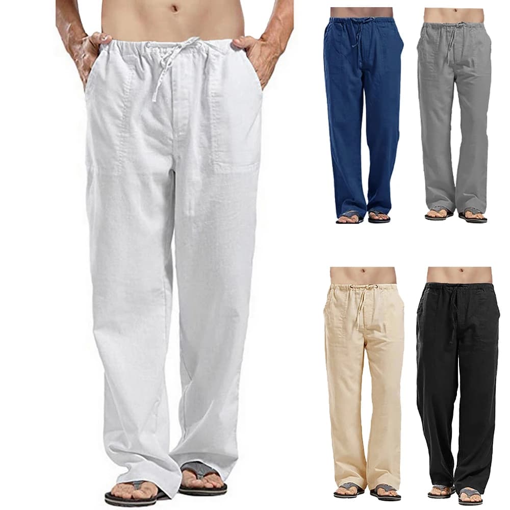 Men's Summer Loose Long Pants Elastic Waist Drawstring Leisure Resort Trousers Men Lightweight Breathable Straight Leg Pan