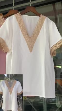 2024 Summer Elegant Blouse Fashion Women Short Sleeve Chiffon Tops V-neck Quilted Female Lace Shirt Tops Hollow Out Clothes