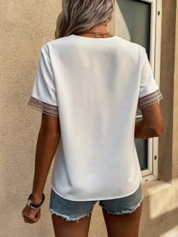 2024 Summer Elegant Blouse Fashion Women Short Sleeve Chiffon Tops V-neck Quilted Female Lace Shirt Tops Hollow Out Clothes