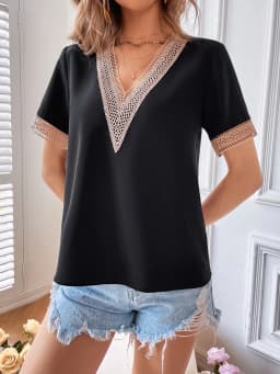 2024 Summer Elegant Blouse Fashion Women Short Sleeve Chiffon Tops V-neck Quilted Female Lace Shirt Tops Hollow Out Clothes