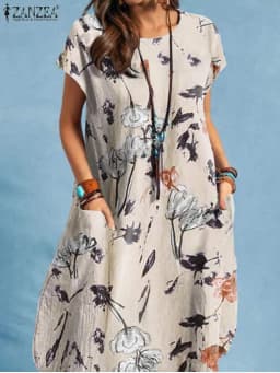 ZANZEA Women Summer Dress Bohemian Floral Print Vestido O-Neck Short Sleeve Pockets Sundress Fashion Casual Elegant Holiday Robe