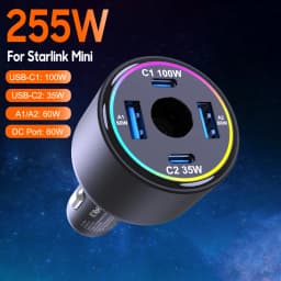 255W Car Charger for Starlink Mini, 5-Port USB C PD 100W PPS 45W Super Fast Charging for MacBook Pro iPhone 17 16 15 Samsung S26