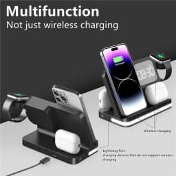 6 in 1 LED Fast Wireless Charger Stand Charging Station Clock Alarm For iPhone 15 14 13 12 11 Apple Watch 2-9 Series Airpods Pro
