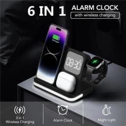 6 in 1 LED Fast Wireless Charger Stand Charging Station Clock Alarm For iPhone 15 14 13 12 11 Apple Watch 2-9 Series Airpods Pro