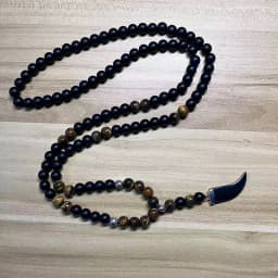 8mm Matte Black Onyx Yellow Tiger Eye Beads 108 Mala Necklace with Hematite Bull Horn Pendant