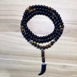 8mm Matte Black Onyx Yellow Tiger Eye Beads 108 Mala Necklace with Hematite Bull Horn Pendant