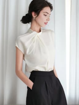 New 2024 Summer Chiffon Blouse For Women Stand Collar Short Sleeve White Shirts & Blouses Korean Fashion Ladies Tops Hot Sale