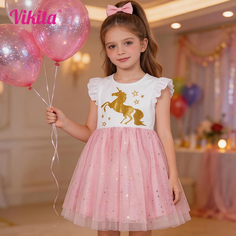 VIKITA Girls Licorne Print Dress Girls Flare Sleeve Summer Dresses Kids Birthday Party Patchwork Princess Elegant Cute Dresses