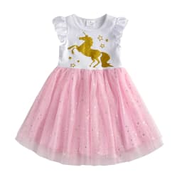VIKITA Girls Licorne Print Dress Girls Flare Sleeve Summer Dresses Kids Birthday Party Patchwork Princess Elegant Cute Dresses