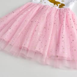 VIKITA Girls Licorne Print Dress Girls Flare Sleeve Summer Dresses Kids Birthday Party Patchwork Princess Elegant Cute Dresses