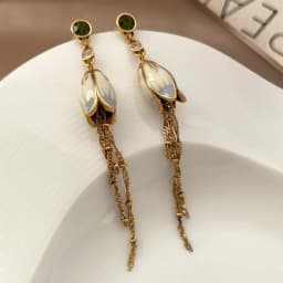 Modern Jewelry Green Glass Pretty Lotus Long Chain Dangle Earrings For Women Girl Party Wedding Gift 2023 New