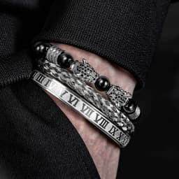3PCS Mens Premium Black Agate Beaded Bracelet Set - Double Leopard Head, Roman Numerals, Adjustable Braided Design Bracelets