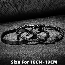 3PCS Mens Premium Black Agate Beaded Bracelet Set - Double Leopard Head, Roman Numerals, Adjustable Braided Design Bracelets