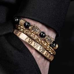 3PCS Mens Premium Black Agate Beaded Bracelet Set - Double Leopard Head, Roman Numerals, Adjustable Braided Design Bracelets