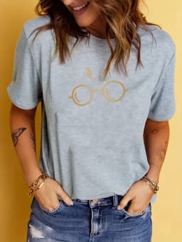 Glasses Print T-Shirt, Summer Short Sleeve Causal Top, Women's Clothing