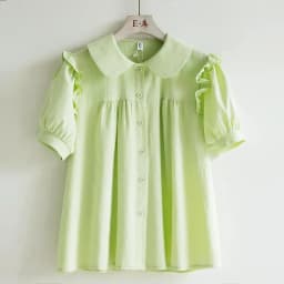Blue Peter Pan Collar Single Breasted Short Sleeve Loose Women's Blouse Shirt Korean Fashion Female Clothing Tops 2024 Spring