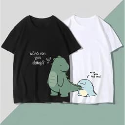 T-Shirt Paired with Dinosaur Double T-Shirt, Summer High-Quality Pure Cotton Casual Top, Couple Style Short-Sleeved T-Shirt