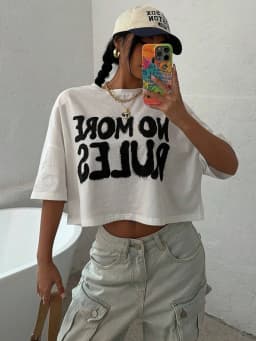 100% Cotton Women Crop T-shirts No More Rules Letter Prints Tops O-Neck Short Sleeves Tees Summer Fashion Street Female Clothing
