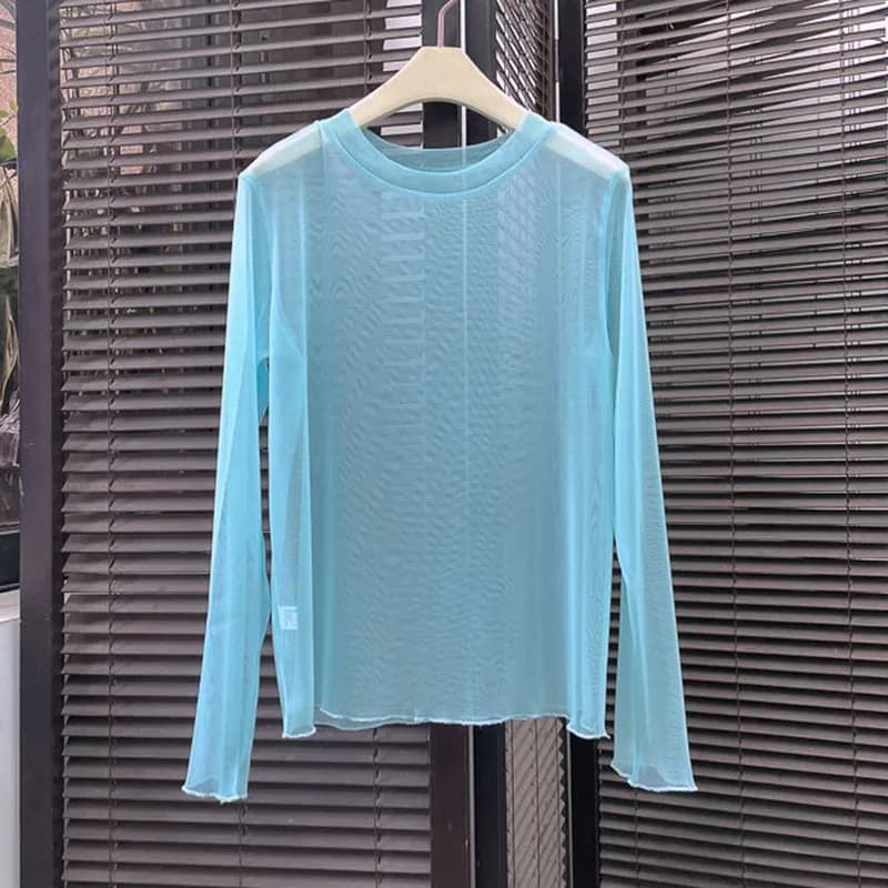Xpqbb Women Transparent Mesh T Shirt Candy Colors Thin Basic Sheer Blouses Woman Summer See-Through Black Long Sleeve Tees Tops