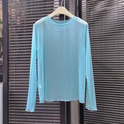 Xpqbb Women Transparent Mesh T Shirt Candy Colors Thin Basic Sheer Blouses Woman Summer See-Through Black Long Sleeve Tees Tops