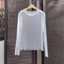 Xpqbb Women Transparent Mesh T Shirt Candy Colors Thin Basic Sheer Blouses Woman Summer See-Through Black Long Sleeve Tees Tops