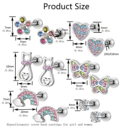 EVISPOL 2-12pcs 316L Stainless Steel Screw Back Stud Earrings Butterfly Heart Flower Cartilage Dath Earrings Piercing Jewelry