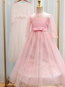 Long Sleeve White Lace Bridesmaid Dresses For Girls Children Formal Evening Gown Elegant Kids Girl Birthday Wedding Party Dress