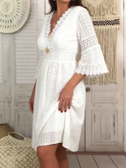 High Waist White Women Dresses Elegant Flare Sleeve Vestidos Summer Casual V-neck Hollow Out Lace Dress