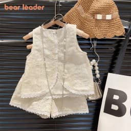 Bear Leader Flower Embroidery Summer Girls Sets Sleeveless Lace Vest + Shorts Outfits 3-7 Years Round Neck Kids Clothes