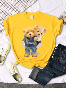 We Are Best Friends Cute Bear T-Shirt Women Summer Breathable Tops Street Vintage Casual Short Sleeve Sport Aesthetic Clothes