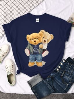 We Are Best Friends Cute Bear T-Shirt Women Summer Breathable Tops Street Vintage Casual Short Sleeve Sport Aesthetic Clothes