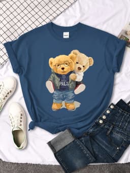 We Are Best Friends Cute Bear T-Shirt Women Summer Breathable Tops Street Vintage Casual Short Sleeve Sport Aesthetic Clothes